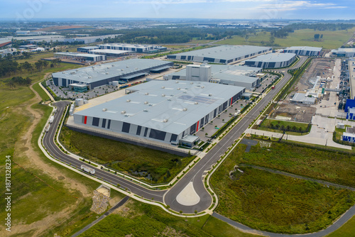 Photography Drone aerial photograph of buildings in the large and growing industrial precinct of Kemps Creek in Western Sydney in New South Wales, Australia