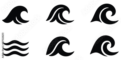 Ocean wave icon set, Water motion symbols, Sea wave silhouettes