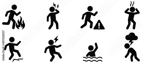 Accident stickman set, Emergency situation icons, Danger human silhouettes