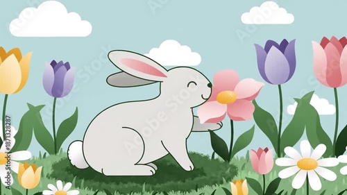 Delightful Easter Bunny Scene Among Spring Blossoms And Fluffy Clouds Illustration Video