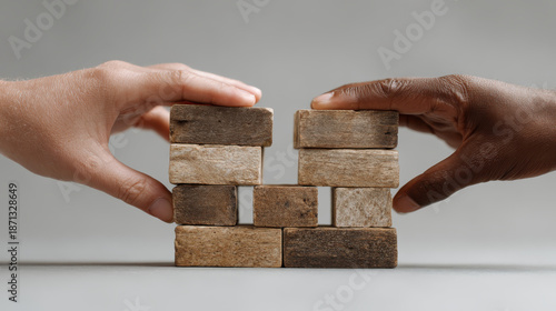 Hands building strategy foundation block anchor trust unity collaboration concept, human teamwork bridge support overcoming gap together