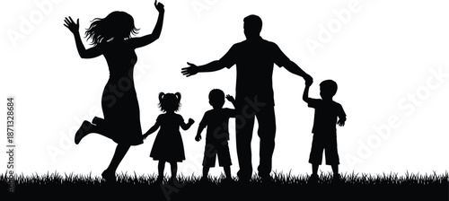 Happy family silhouette, joyful moment, children playing, parents bonding, black vector, grass scene, outdoors, lifestyle, minimal, abstract, symbolic,