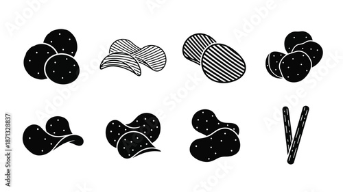 Assorted potato chip shapes in a black and white illustration silhouette