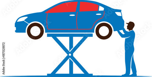 Mechanic lifting a blue car on a hydraulic lift in a garage for maintenance and repair