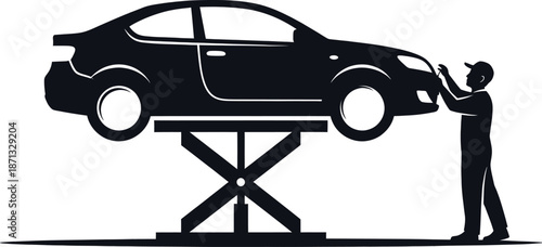 Mechanic inspecting a car on a hydraulic lift in a garage or workshop setting with a silhouette design