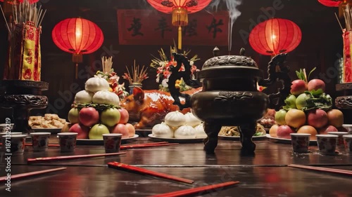 Close-up of incense burner and offerings on wooden table indoors
