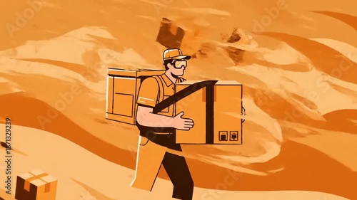 Delivery Guy With Boxes In An Abstract Landscape  Cartoon Style Animation