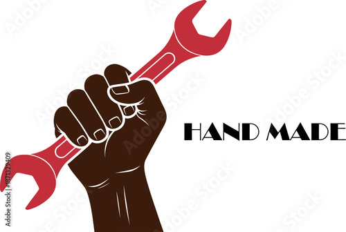Handmade logo with a clenched fist holding a red adjustable wrench