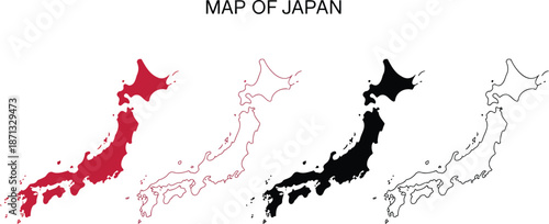 Map of Japan in red black and outline asia country