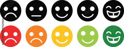Five black and five colored smiley faces showing emotions