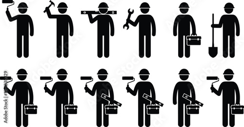 Construction worker pictogram icon set showing builders using various tools equipment isolated black silhouettes on white background