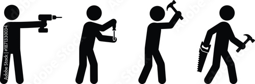 Construction worker pictogram icons showing different tool usage activities drill wrench hammer saw isolated black silhouettes on white background