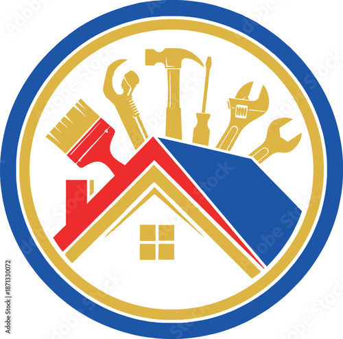 A logo featuring various construction tools and a house with a roof, symbolizing home repair and maintenance services