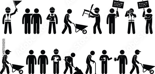 Construction worker pictogram set showing labor activities teamwork communication tools and protest actions isolated black silhouettes