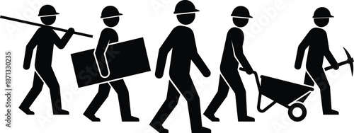 Construction worker pictogram set showing laborers carrying materials walking with wheelbarrow and tools isolated silhouettes