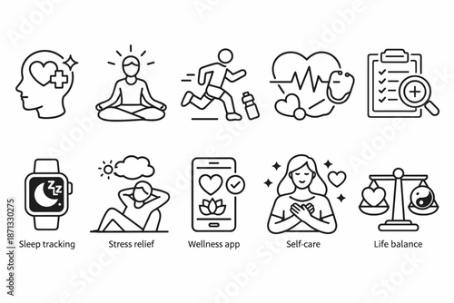 Mental Health and Wellness Line Icons Set