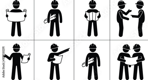 Construction worker pictogram set showing planning reading blueprints discussion teamwork coordination isolated black silhouettes on white background