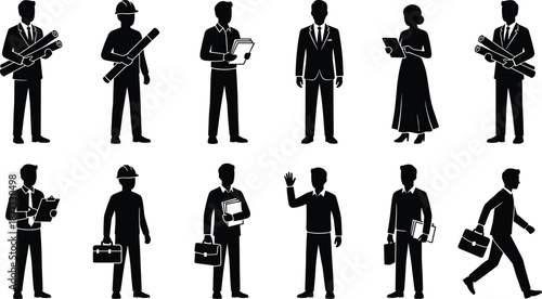 Business people silhouette set showing professional office workers corporate roles leadership teamwork careers isolated figures on white background