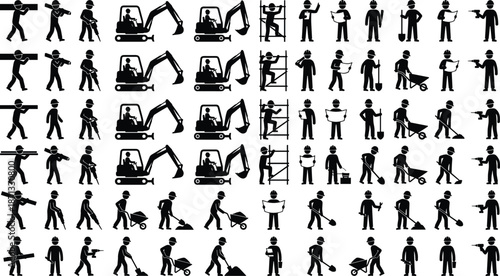 Construction worker icon set showing machinery operation and labor activities with excavators tools isolated silhouettes on white background