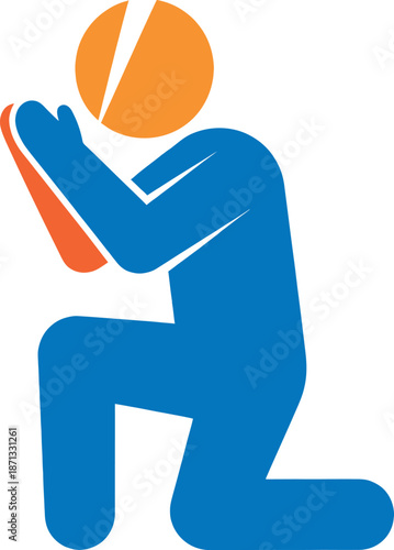 A blue figure kneeling and holding a red object with an orange circle for a head