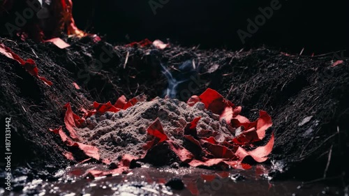 Close-up of smoldering ash and red leaves in darkness