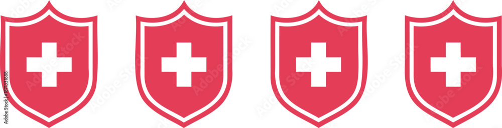 Fototapeta premium Four red shields with white crosses on white background