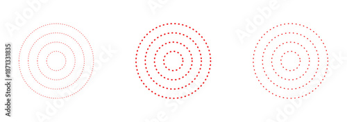 Red concentric ripple circles set. Sonar or sound wave rings collection. Epicentre, target, radar icon concept. Radial signal or vibration elements. Halftone vector Dashed and dotted line rippled epc