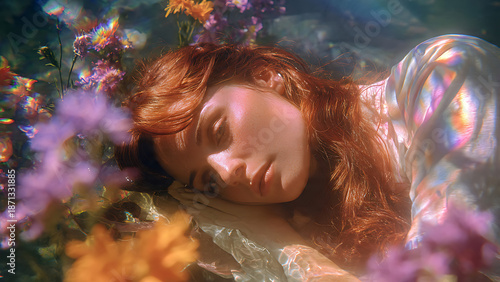 A realistic outdoor photograph of a woman with long red hair lying in a pond surrounded by flowers, shot through a prismatic lens filter that creates soft rainbow flares and a pastel vaporwave color p