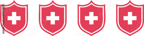 Four red shields with white crosses on white background
