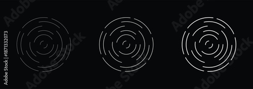 Concentric circles icon set. Set of circular ripple icons. Concentric circles with broken lines isolated on white background. Vortex, sonar wave, soundwave, sunburst, signal signs. Linear set of radar