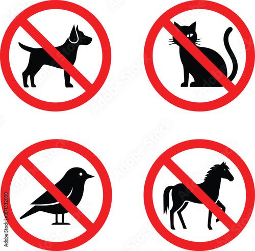 Animals prohibited icon set showing banned dog cat bird and horse symbols inside red forbidden circles no animals allowed signage