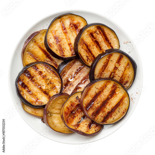Grilled Eggplant Slices Served on a White Plate in a Kitchen Setting