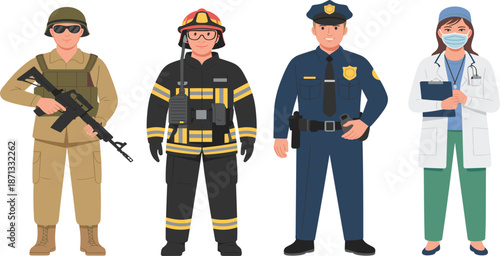 Soldier, firefighter, police officer and doctor characters set, professional service worker uniforms flat vector illustration