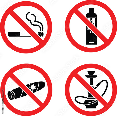 Smoking and vaping prohibition icon set showing banned cigarette e-cigarette cigar and hookah symbols inside red forbidden circles public health warning