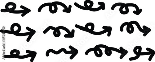 Doddle arrow set, collection of hand drawn arrows, Arrow mark icons. Black and white illustration, Curve Arrow set