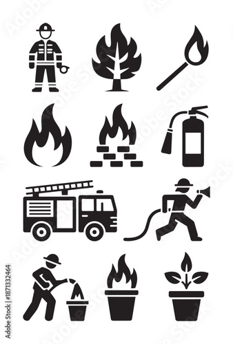 Black and white of firefighters and firefighting equipment and fire flame firetruck