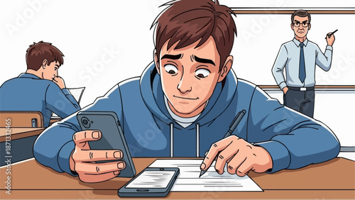 Student caught using phone during exam with teacher watching.