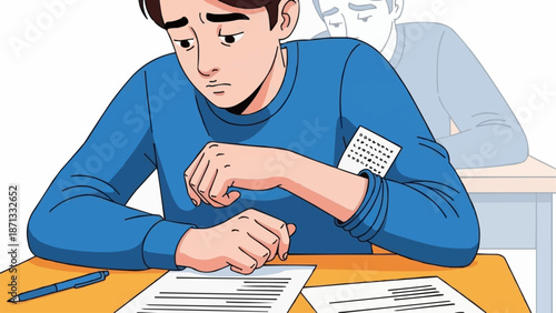 Student cheating on exam with cheat sheet hidden in sleeve.