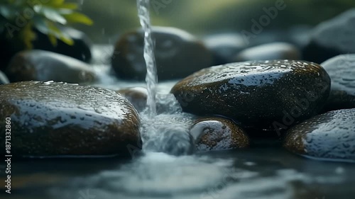 Serene Waterfall Flowing Over Smooth Rocks.
