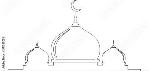 A line drawing of a mosque with domes and a crescent moon on top in a simple style