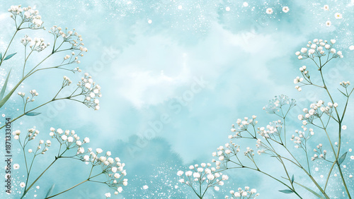 Wallpaper Mural "Pale sky blue watercolor background with baby’s breath flowers in top and bottom corners, delicate and airy wedding theme"
 Torontodigital.ca