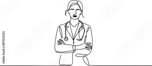 Continuous one line drawing professional confident young lady doctor with white coat.one line vector illustration with out background