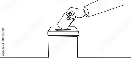 Continuous one line drawing hand putting paper in the ballot box for General Regional or Presidential Election.one line vector illustration with out background