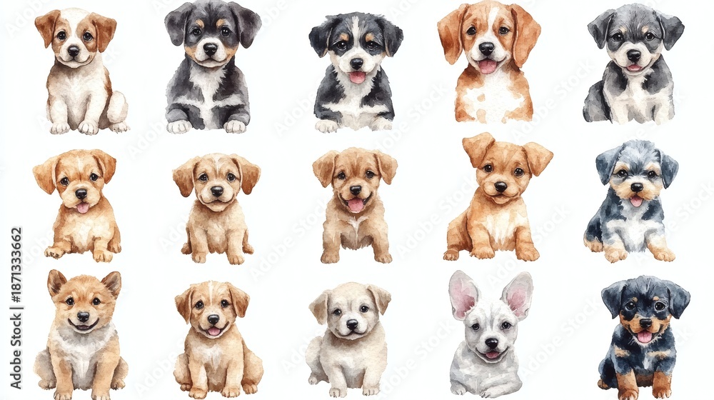 Fototapeta premium Discover stunning watercolor portraits of dogs with beautiful expressions and details in this captivating animal art collection.