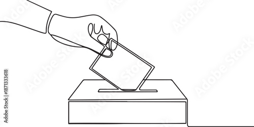 Continuous one line drawing hand putting paper in the ballot box for General Regional or Presidential Election.one line vector illustration with out background