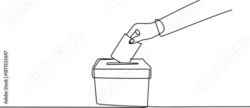 Continuous one line drawing hand putting paper in the ballot box for General Regional or Presidential Election.one line vector illustration with out background