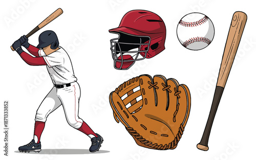 Baseball player with bat and equipment on white background