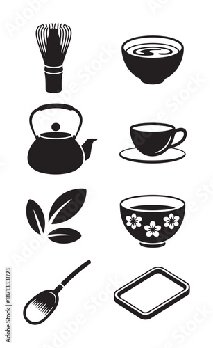 Black and white of tea utensils and cups kettle bowl