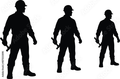 Construction worker silhouette set showing professional builders holding tools standing confident poses isolated black figures on white background
