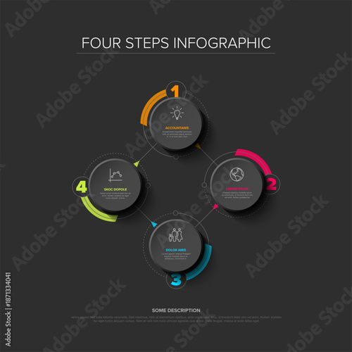 A dark background infographic with four steps, showcasing a minimalist design. Infographic visualizes a cyclic process or timeline with four steps, designed for easy understanding and presentation.
